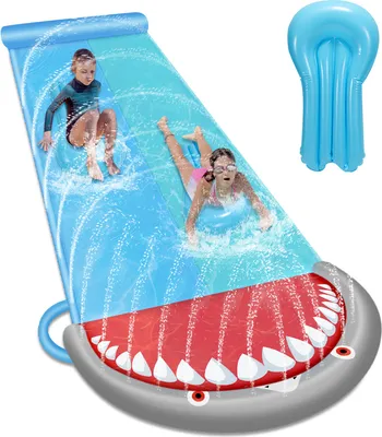 Obrázok produktu pre Vodná šmýkačka Outdoor Letná tráva, 550 * 145 cm Žraločí štýl Vodná hračka Záhradná vodná podložka, Vodná šmýkačka s 2x surfovou doskou
