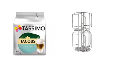 Produktbild von Kapselständer, Kapselhalter "Tassimo" für bis zu 48 Kapseln jedoch 6 Sorten auf kleinster Fläche und drehbar Plus 1 Packung Tassimo Latte weniger süß