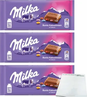 Produktbild von Milka Bunte Kakaolinsen 3er Pack (3x100g Tafel) + usy Block