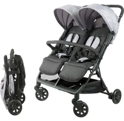 Produktbild von Bambisol DS209 GRAU SCHWARZ – Zwillingskinderwagen (nebeneinander) | Für Zwillinge ab Geburt. Ultrakompakt zusammenklappbar | Schwarz Grau