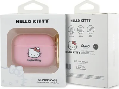 The image shows the retail packaging for a Hello Kitty AirPods Pro case. The front of the box displays the pink case through a clear window, and the side of the box has product information and branding.