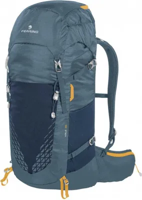 A studio shot of a blue and navy outdoor backpack.