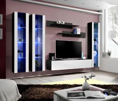 Produktbild von Designer Wohnzimmer Luxus Wohnwand Hänge Vitrine Modern Design Holz Einrichtung