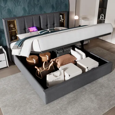Productafbeelding van Boxspringbed met draadloos opladen en opbergruimte, 180x200 cm, grijs, katoen - USB Type-C - Hydraulische opbergruimte - Draagvermogen: 300 kg