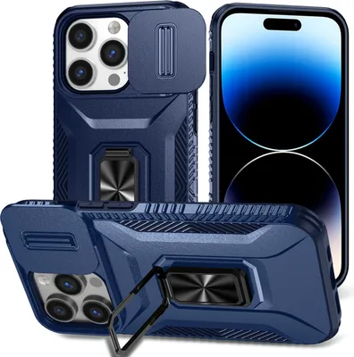 Image de Etui de protection militaire double couche pour iPhone 13 Pro avec protection coulissante de l'appareil photo et support/anneau bleu