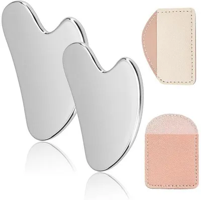 Produktbild von Gua Sha-Set aus Metall - Gesichtsmassage - 2 Stück - 8,5 x 6 cm - in Lederetui