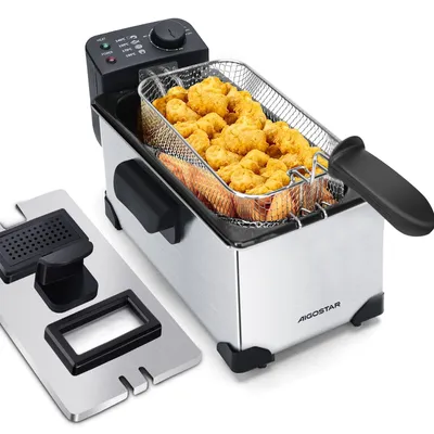 Produktbild von Aigostar - Semi-professionelle Fritteuse, Edelstahl, 2200W, 3L, Transparenter Deckel, Herausnehmbare Innenpfanne, Einstellbarer Thermostat