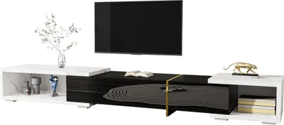 Obrázek produktu pro Sweiko Moderní TV skříňka s variabilní délkou (140-260 cm), otočnou funkcí, vzhledem bílého mramoru, černým matným povrchem a zlatými ozdobami