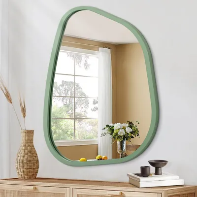 Image de Miroir mural, forme irrégulière et asymétrique, cadre en bois, couleur verte, dimensions : 40,6 x 30,5 cm