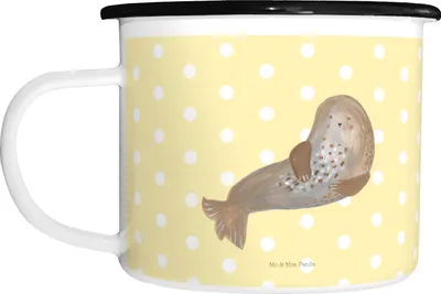 Produktbild von Mr. & Mrs. Panda Pott Robbe Lachen - Gelb Pastell - Geschenk, Tasse Aus Emaille, Teetasse, Becher, Haferl, Ostsee, Strand, Nordsee, Lustige Sprüche, Robben, Seehund