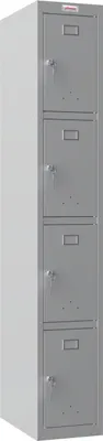 A tall, narrow, gray metal locker with five doors.