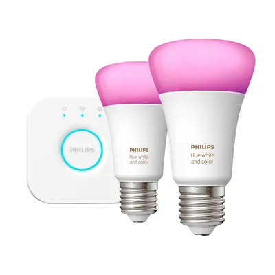 Produktbild von Philips Hue White and Color ambiance Starter-Set: 2 smarte Lampen E27 (800), Set für intelligente Beleuchtung, Bluetooth/Zigbee, Weiß, LED, E27, A60