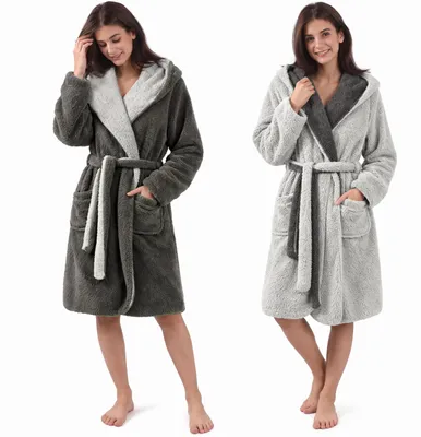 Produktbild von CalmyLIFE Bademantel Damen flauschig Morgenmantel - mit Wendefunktion Dunkelgrau/Hellgrau M