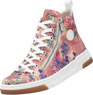 A single high-top sneaker with a floral pattern.