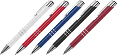 Produktbild von 5 Kugelschreiber aus Metall / Farbe: je 1x burgund,schwarz,blau,rot,weiß