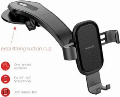 A black car phone holder with descriptive text and icons highlighting its features.