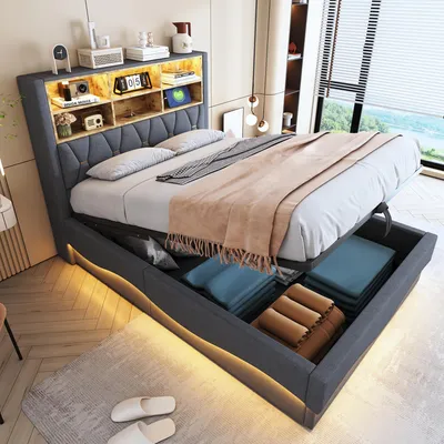A modern bedroom with a storage bed, featuring LED lighting and a headboard with shelves.