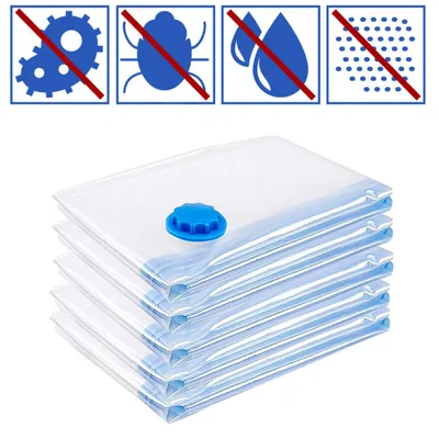 Obrázok produktu pre Pevné vakuové vrecia, sada 5 kusov, 100x120 cm, vrecia na skladovanie odevov a posteľnej bielizne, úsporné vrecia na oblečenie s ventilom, opakovane použiteľné a priehľadné