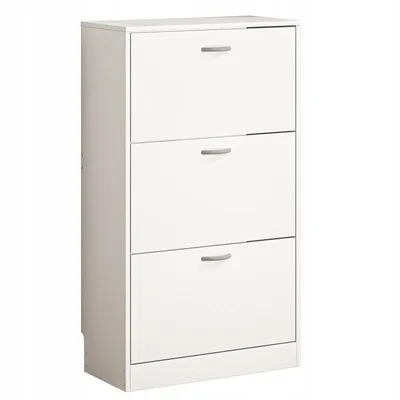 A white shoe cabinet with three doors and silver handles, shown from the front against a white background.