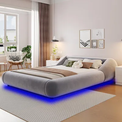 Image de Lit Merax 140x200 cm avec tête de lit incurvée, lit double en velours, structure de lit suspendue avec éclairage LED, couleur gris