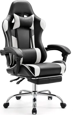 Produktbild von Sweiko Gaming Stuhl ,Schreibtischstuhl mit Fußstütze und bequemer Lendenwirbelstütze,Ergonomisch,Liegesessel mit Kopfstütze,Kunstleder,Weiß,Schwarz