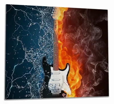 Produktbild von Wallario Herdabdeckplatte aus Glas, Größe 60 x 52 cm 1-teilig, Motiv Feuer-Wasser-Gitarre