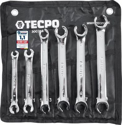 A set of TECPO open-end wrenches laid out in a black fabric holder.