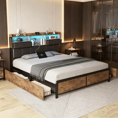 Obrázek produktu pro INONEFT, kovová postel pro mládež, rozměry 140x200 cm, s 4 zásuvkami, dvoulůžko s úložným prostorem, s LED osvětlením a zásuvkou, úložný prostor v čele postele, materiál: PU, barva: černá
