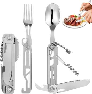 Immagine prodotto di Set di posate da campeggio 5-in-1, pieghevole, in acciaio inossidabile, con coltello, forchetta, cucchiaio, apriscatole e cavatappi