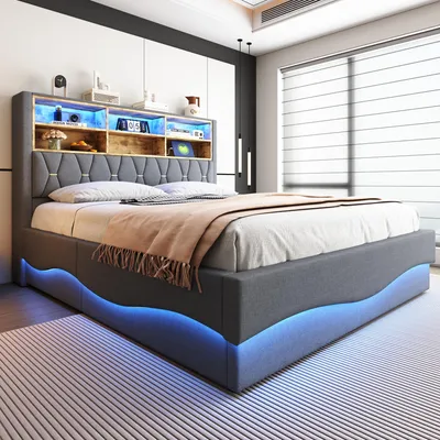 Produktbild von Merax Polsterbett aus Leinen 180x200cm mit LED-Beleuchtung, USB-Anschluss, Doppelbett mit Hydraulischem Stauraum und Metallrahmen, Grau