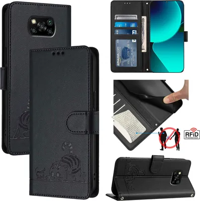 Produktbild von Leder Hülle für Xiaomi Poco X3 NFC / X3 Pro Süße Katze Flip Case Brieftasche Schutzhülle mit Standfunktion Schwarz