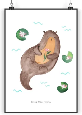 Produktbild von Mr. & Mrs. Panda Bild Otter Seerose DIN A5 - Weiß - Geschenk, Plakat, Wandbild, Fluss, glücklich, Seeotter, Wasser, wanddeko, drucke, wandkunst