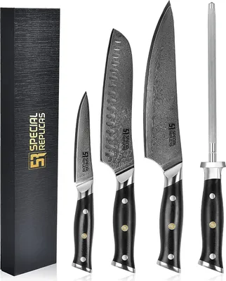 Produktbild von Kochmesser 4-teiliges Luxus Messersets mit Messerschärfer mit Diamant, aus Damaststahl, allzweckmesser, in einer Geschenkbox | YD312