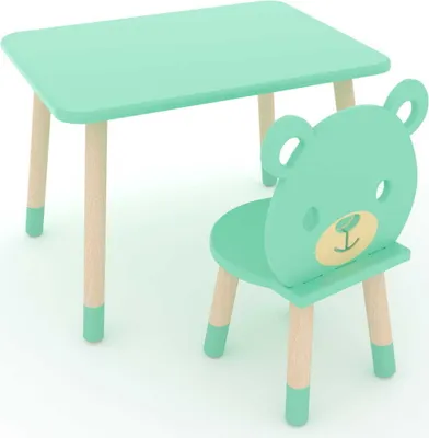 Produktbild von DEKORMANDA – Kindertisch mit Stuhl – Möbel für ein Kinderzimmer – ein Stuhl in Teddybärform für kleine Tierliebhaber – mintfarbener Kindertisch 65 x 50 cm mit 1 Stuhl – ein Set aus Tisch und Stuhl für Kinder, perfekt zum Lernen und Spielen