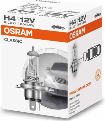 A product box for an OSRAM Classic H4 headlight bulb, showing the bulb and a car.