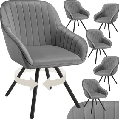 A collage of gray velvet armchairs with black legs, showing different angles and multiple units.