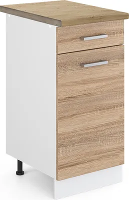 A kitchen base cabinet with two drawers and a wooden countertop, shown against a white background.