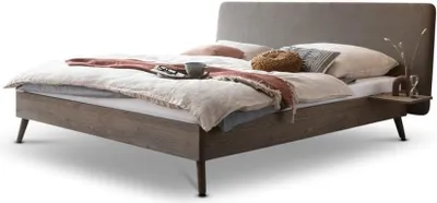 Produktbild von Massivholzbett Eiche mit Polsterkopfteil – 140 x 200 cm / Wildeiche grau / webstoff-beige