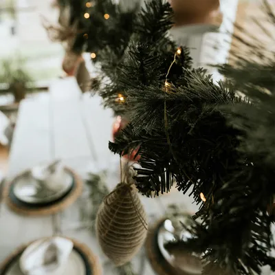 A close-up of a Christmas garland with lights and an ornament, draped over a table setting.