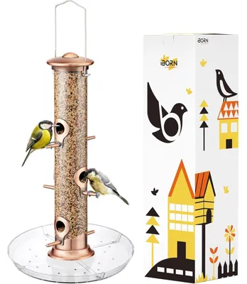Immagine prodotto di Distributore di mangime per uccelli con sistema di raccolta dei semi, da appendere, 6 aperture, realizzato in alluminio/metallo con finitura in rame spazzolato, dimensioni 35,6 cm