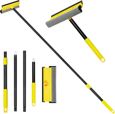Produktbild von Professionelle 2-in-1-Glaskräusel mit Teleskopstange, Silikon- Wischer und Schwamm für Fenster, Dusche und Spiegel (inklusive Kurzstange)