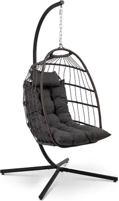 Produktbild von Hängesessel mit Gestell Outdoor 250 kg – Wetterfest mit Kissen faltbar für Garten Balkon Indoor Relaxsessel Grau