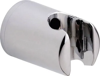 A chrome-plated shower head holder.