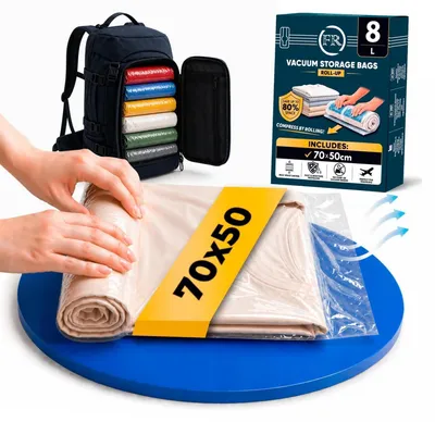 Obrázok produktu pre Vakuové vrecká na zrolujte, rozmer 70x50 cm, 8 kusov, bez ventila, vhodné na oblečenie, cestovanie, kufre, batohy