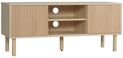 Image de Meuble TV bas - Meuble pour télévision - Pour téléviseurs jusqu'à 127 cm - 2 portes coulissantes - 2 compartiments ouverts - Passages pour câbles - 115 x 40 x 49 cm