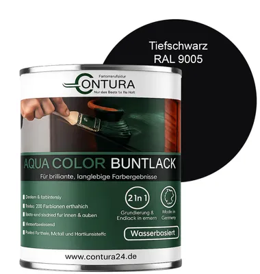 Produktbild von Contura 750ml. Buntlack Lackfarbe Lack Außen Innen Holz Metall Farbe Holzlack Möbellack - Seidenmatt - RAL 9005 Tiefschwarz