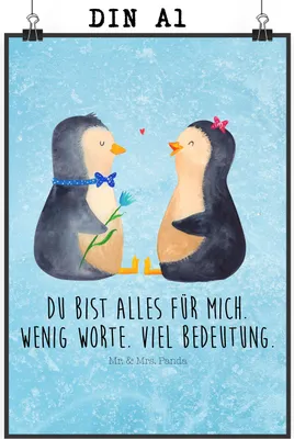 Produktbild von Mr. & Mrs. Panda Bild Pinguin Pärchen DIN A1 - Eisblau - Geschenk, Plakat, Hochzeit, wanddeko, Liebe, drucke, Hochzeitstag, Wanddekoration, Wandbild
