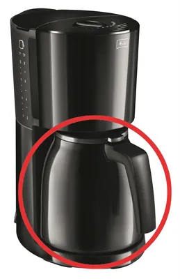 A black Melitta coffee pot carafe with a handle, shown in a close-up shot.