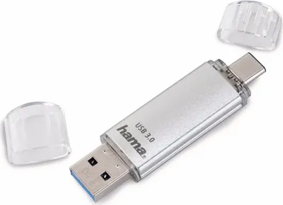 A silver USB 3.0/3.1 flash drive with its two clear caps detached.