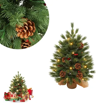 Produktbild von LARS360 Mini Weihnachtsbaum 60 cm mit 30 warmweißen LEDs, künstlicher Tisch-Weihnachtsbaum aus 100 % PE, mit Holzfuß und Jutemantel, Weihnachtsdeko für Tisch, Fensterbank & Büro
